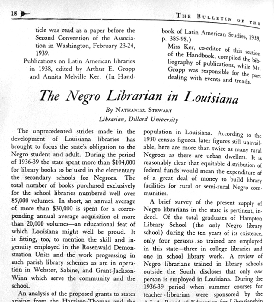 The Negro Librarian in Louisiana,” in The Bulletin of the Louisiana Library Association, vol. 3, no. 3 (Mar. 1940).