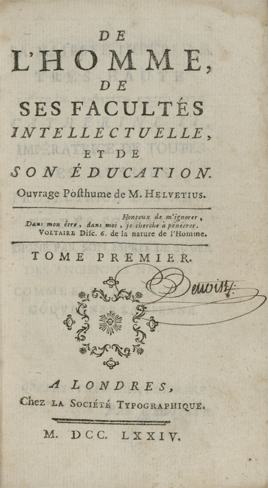 Claude Adrien Helvétius, De l'Homme. London: Chez la Société Typographique, 1774.