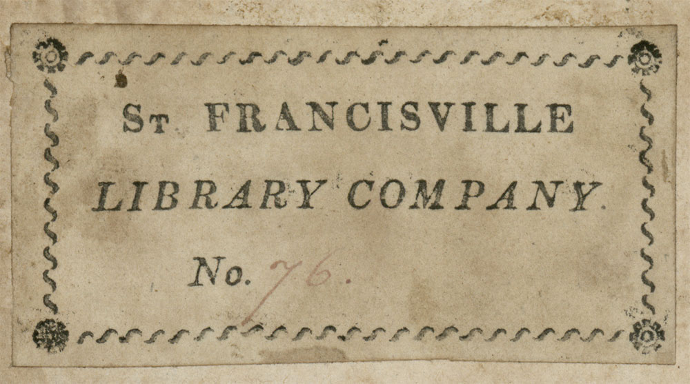 Bookplate of St. Francisville Library Co. in David Ramsay's The History of South-Carolina. Charleston: David Longworth, 1809.