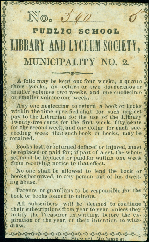 Public School Library and Lyceum Society Notice, between 1846 and 1852.