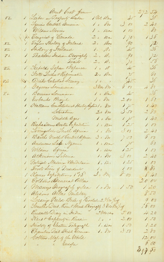 “List of Books bot [bought] for Prof. Boyd by W.T. Sherman of D. Van Nostrand, New York Aug. 20. 60 -- to be Shipped about Sept. 25.” (3)