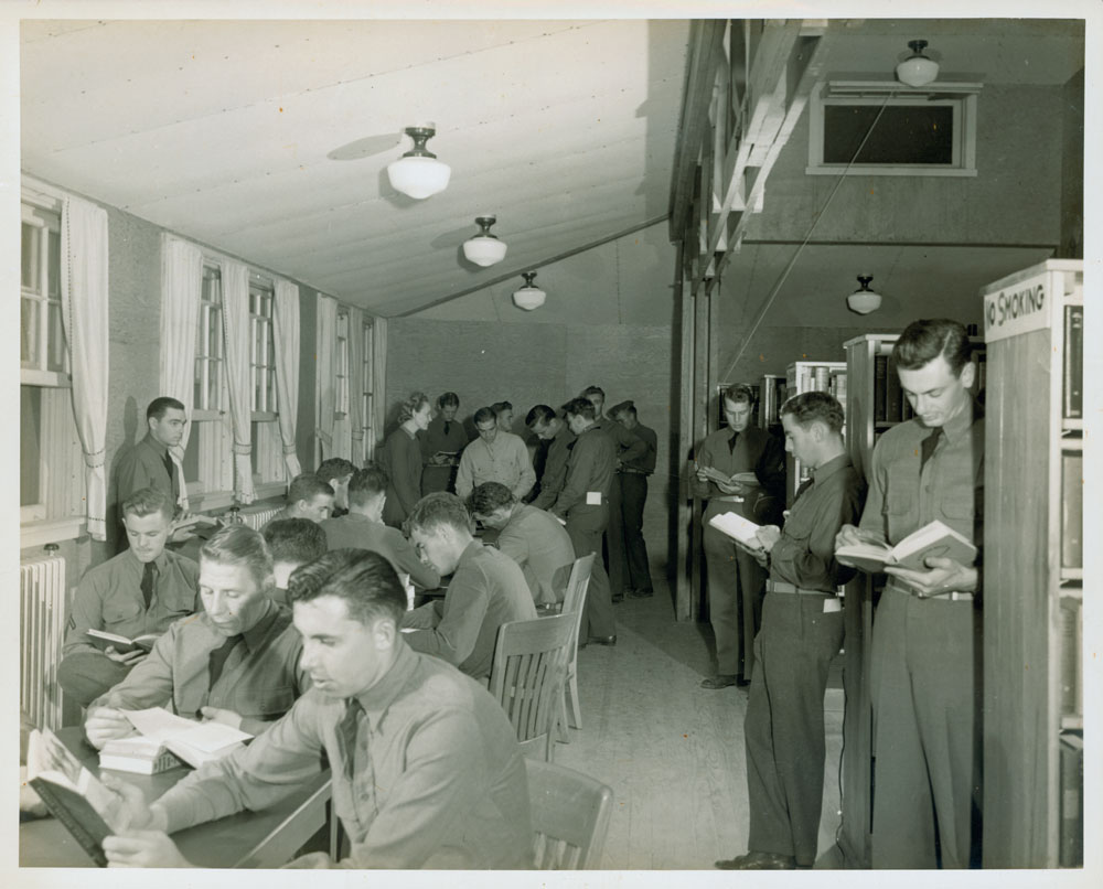 Librarian Beth Skoog and Soldiers from the 34th Infantry Division, Camp Claiborne