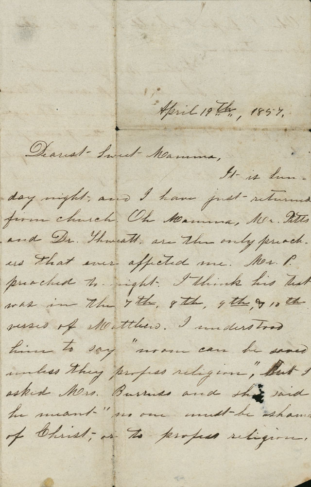 Esther Wright to her mother, Sarah Wright, 19 April 1857 (1)