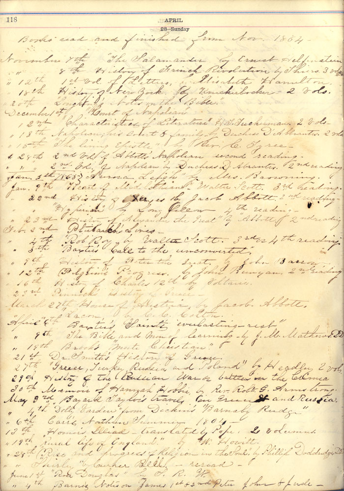 “Books Read and Finished from November 1864 [to August 10, 1865],” from the Mary Cornelia Wright Journal, and Carte de Visite. (1)