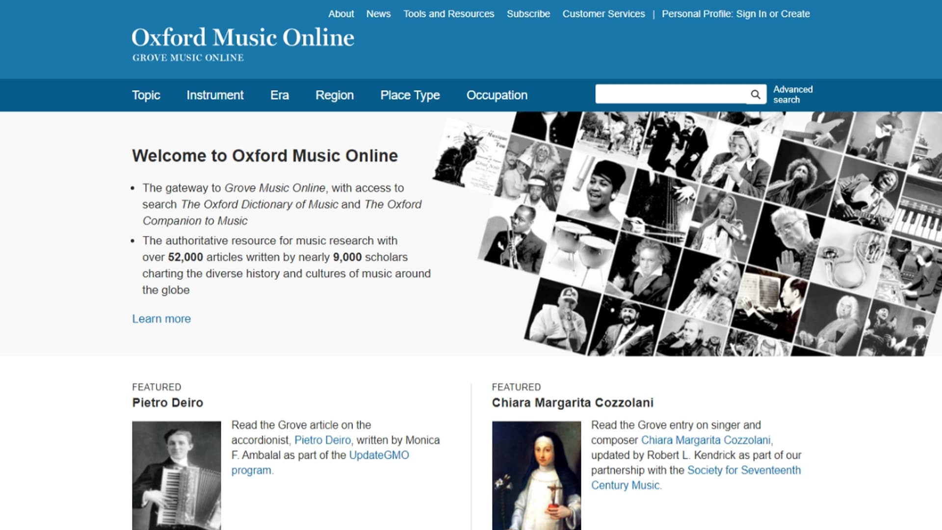 Screenshot of Oxford Music Online homepage