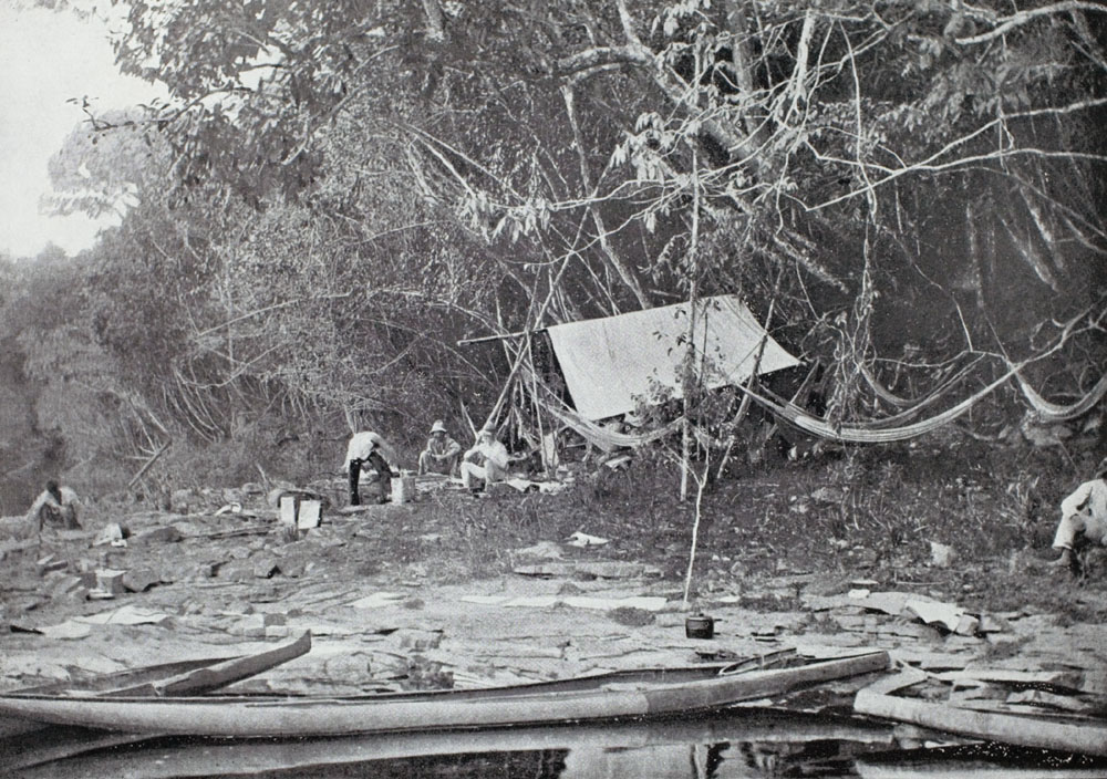 This photo, from Charles Chubbs’s Birds of British Guiana (London, 1916-21), is reminiscent of the grand image from Schomburgk. It also depicts a camping scene on a stream in British Guiana, but the impression made is quite different – it looks like hard and rather uncomfortable work for all involved.