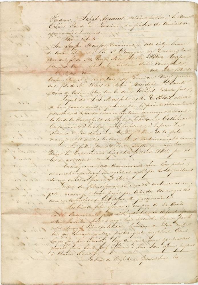Jean Jacques Montfort and Marie Eulalie Blais marriage contract, 1829 October 26. Found in Personal Documents Collection, #525, Louisiana Research Collection, Howard-Tilton Memorial Library, Tulane University. 