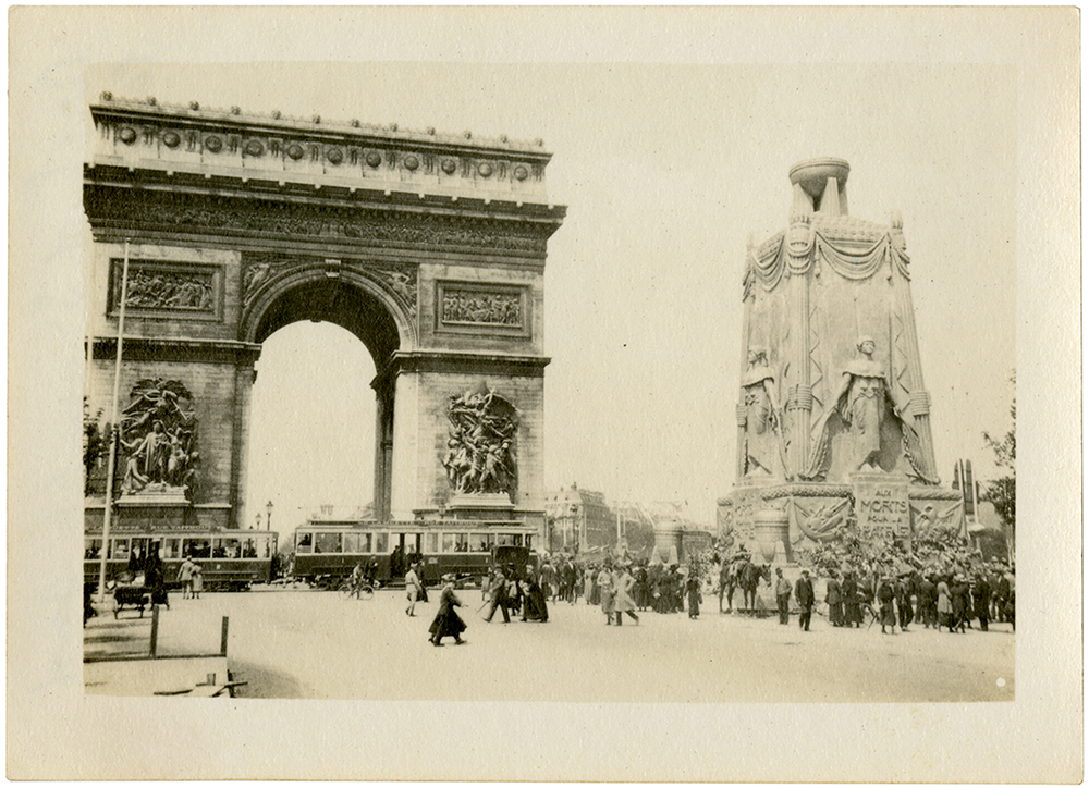 Arch of Triumph and Centapath.* Note: Cenotaph monument erected beside the Arc de Triomphe for the Victory celebration in Paris on July, 14, 1919. 