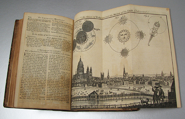 Woodcut illustration and description of predicted eclipse over London, in Universal Magazine, 1748.