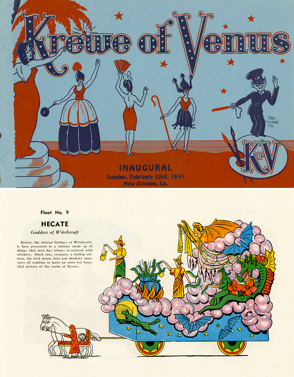 Cover and image from Krewe of Venus inaugural program, 1941. Theme: "Goddesses"; Float: "Hecate".