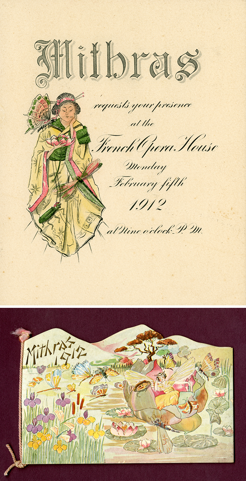 Mithras Ball invitation and dance card, 1912. Theme: “Legend of the Land of the Gods”.