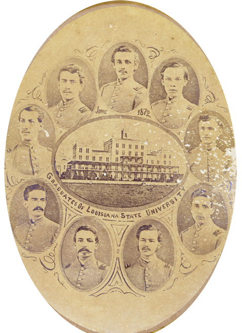 The vignette in the center of the image is of the Louisiana Deaf, Dumb, and Blind Asylum, LSU’s home from 1869 to 1886. 