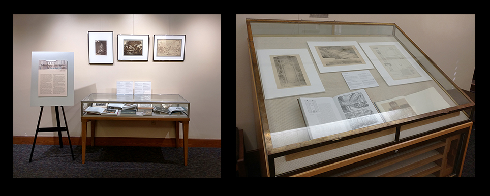 photographs of cases displaying exhibition of books and prints